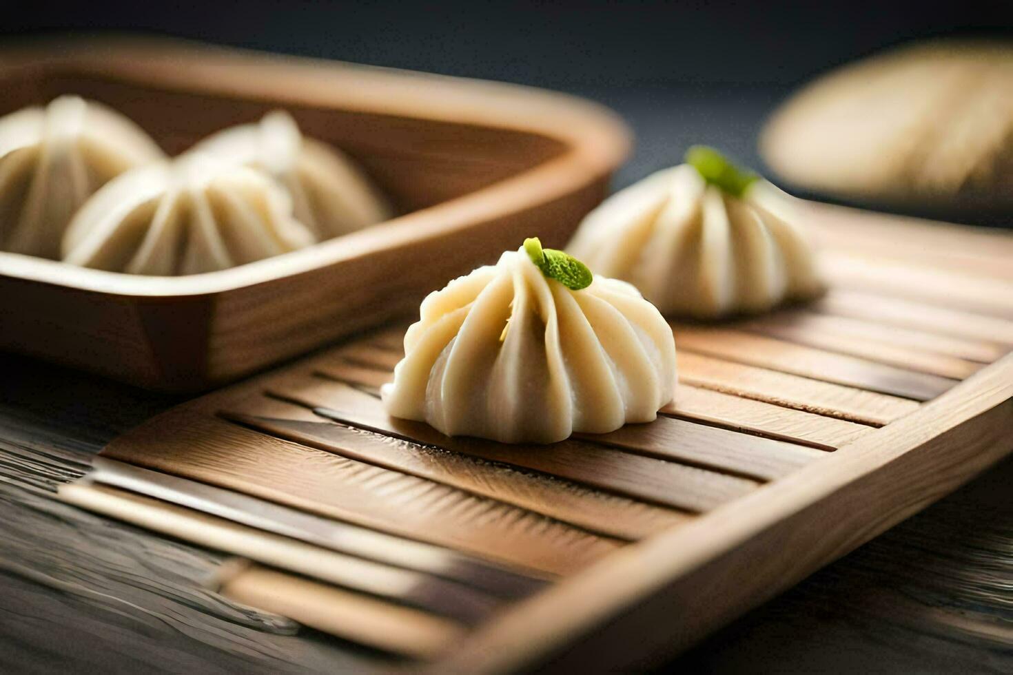 dumplings on a wooden tray. AI-Generated photo