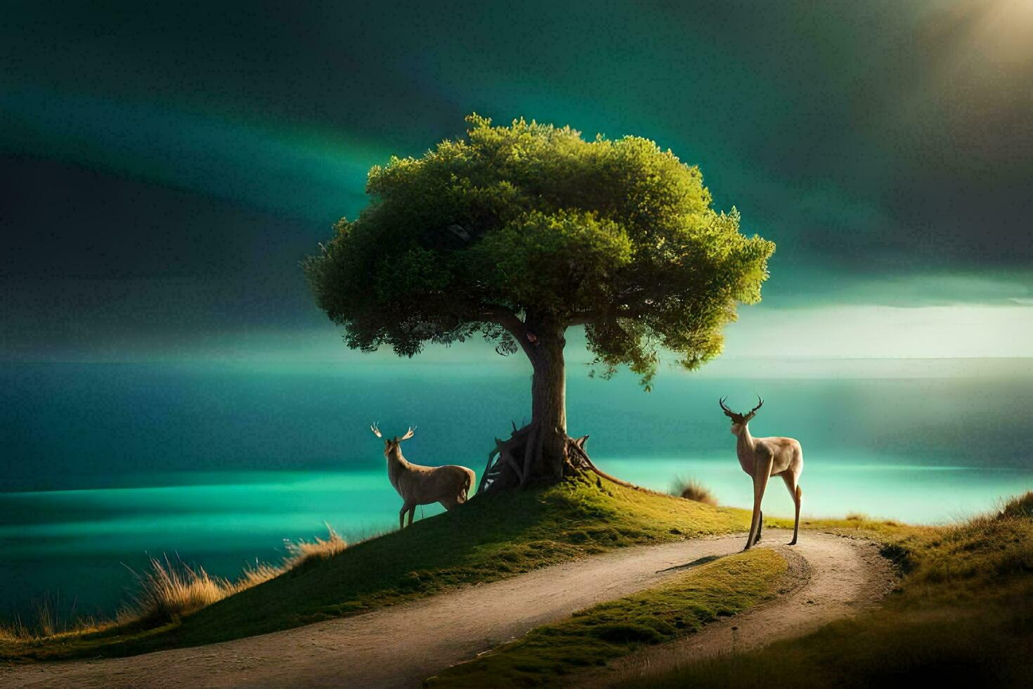 two deer standing under a tree in front of the ocean. AI-Generated photo