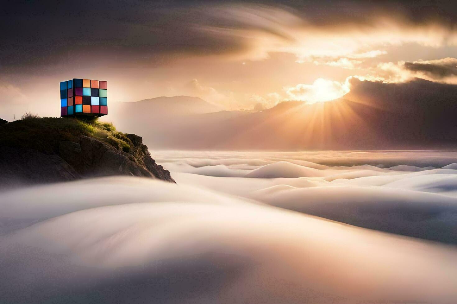 a cube on top of a mountain with clouds in the background. AI-Generated photo