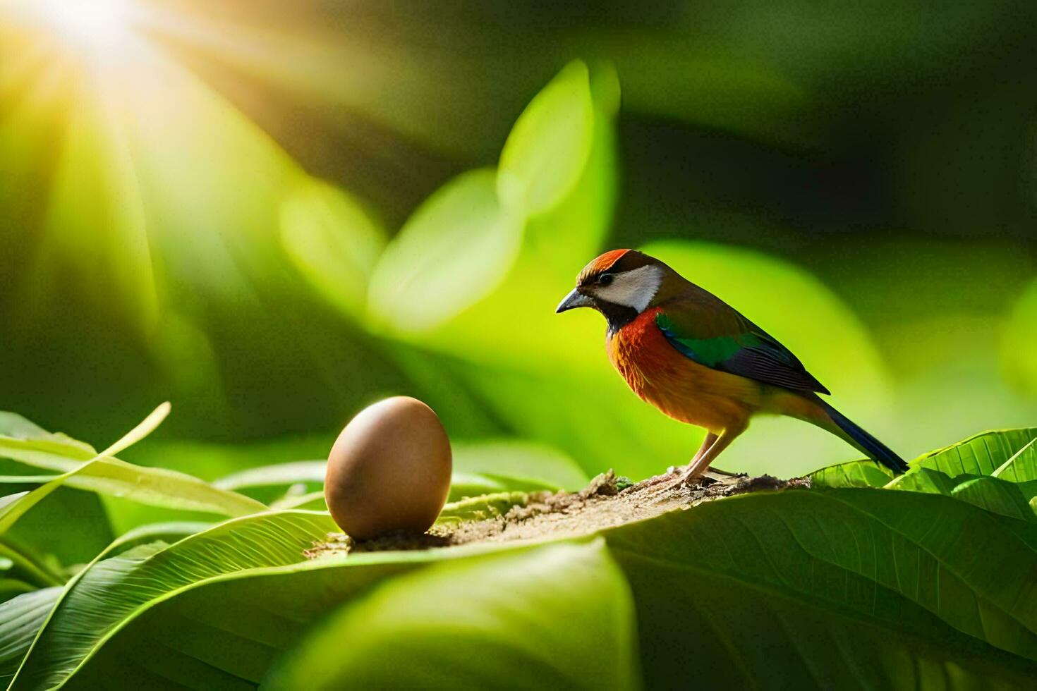 a bird sits on a leaf and looks at an egg. AI-Generated photo