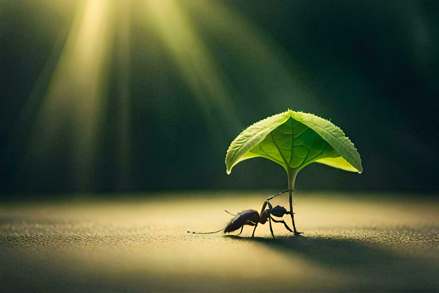 a small ant is standing under a leaf. AI-Generated photo