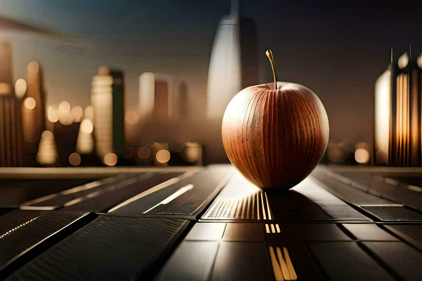 an apple sits on top of a table in front of a city skyline. AI-Generated photo
