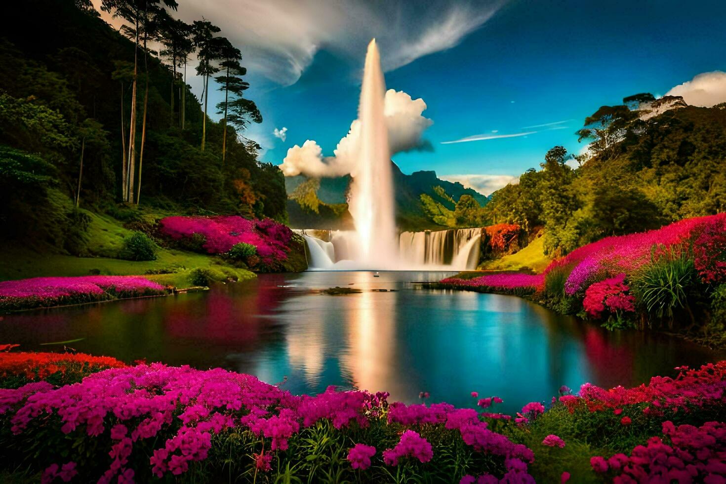 the waterfall is surrounded by pink flowers and a blue sky. AI-Generated photo