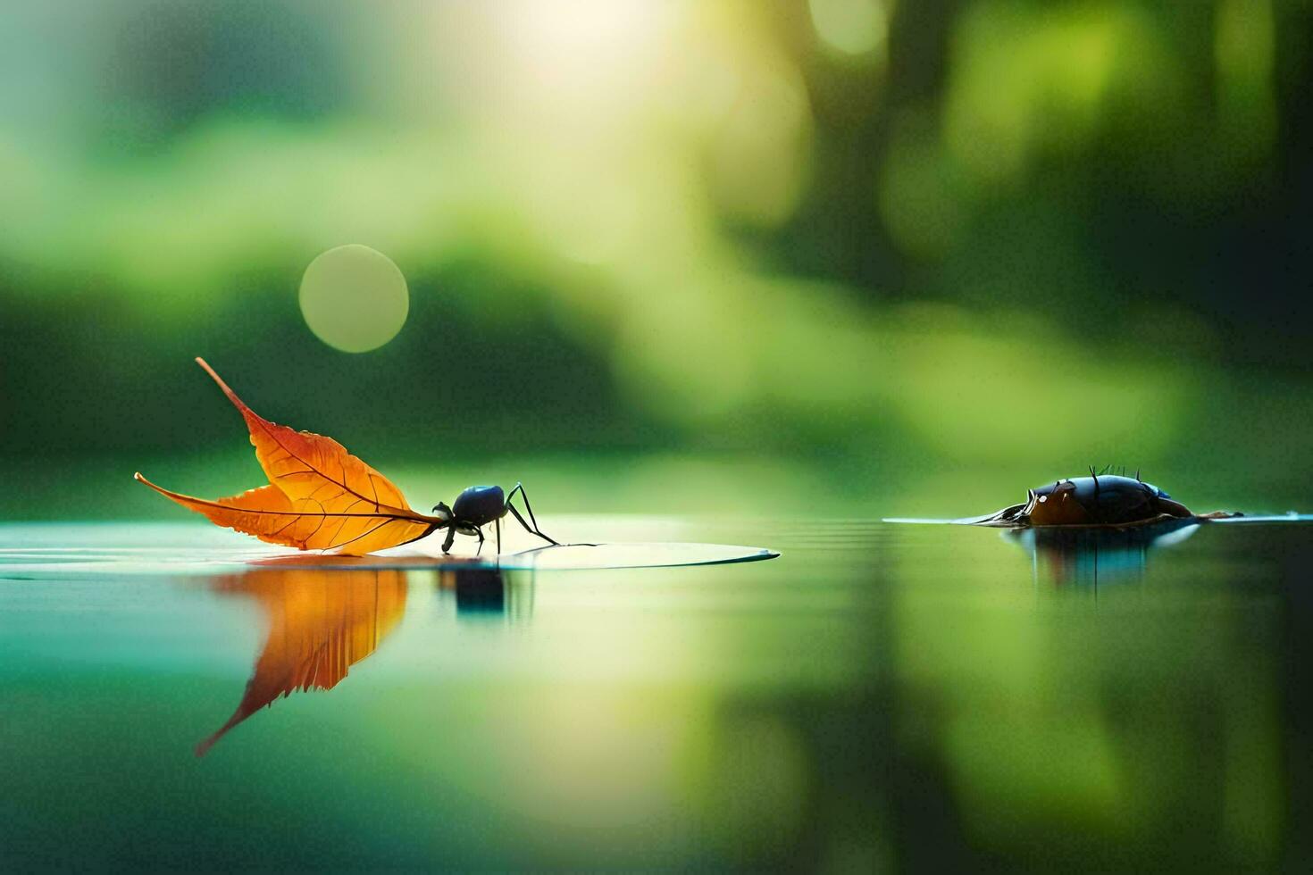 two beetles on a leaf in the water. AI-Generated photo