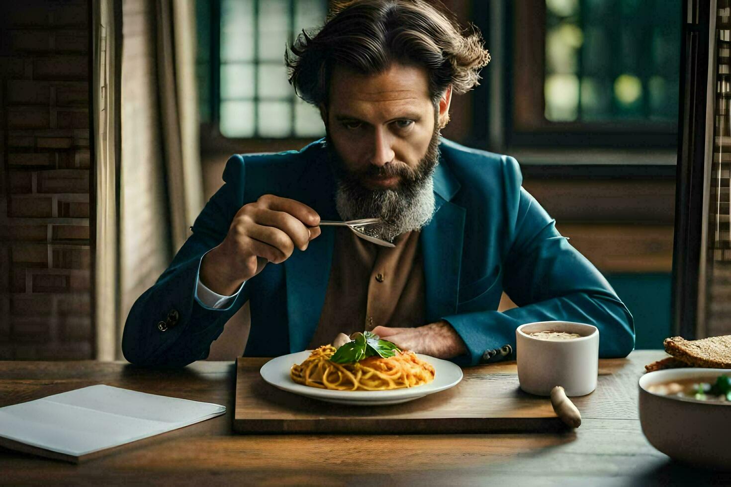 un hombre con un barba y un azul traje es comiendo espaguetis. generado por ai foto
