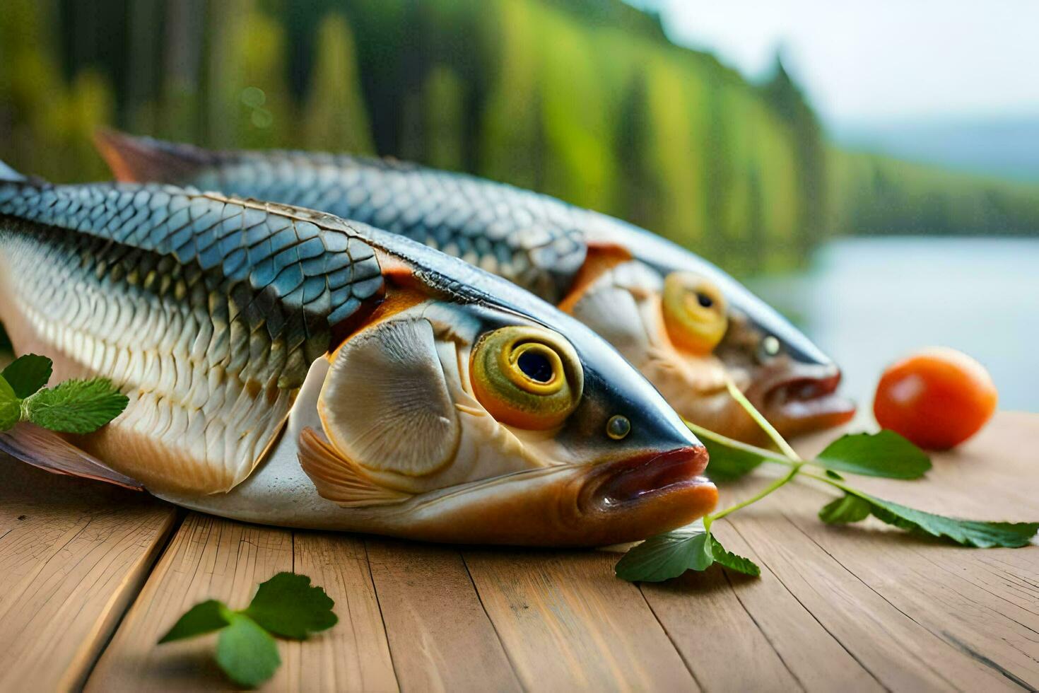 two fish on a wooden table with leaves. AI-Generated photo