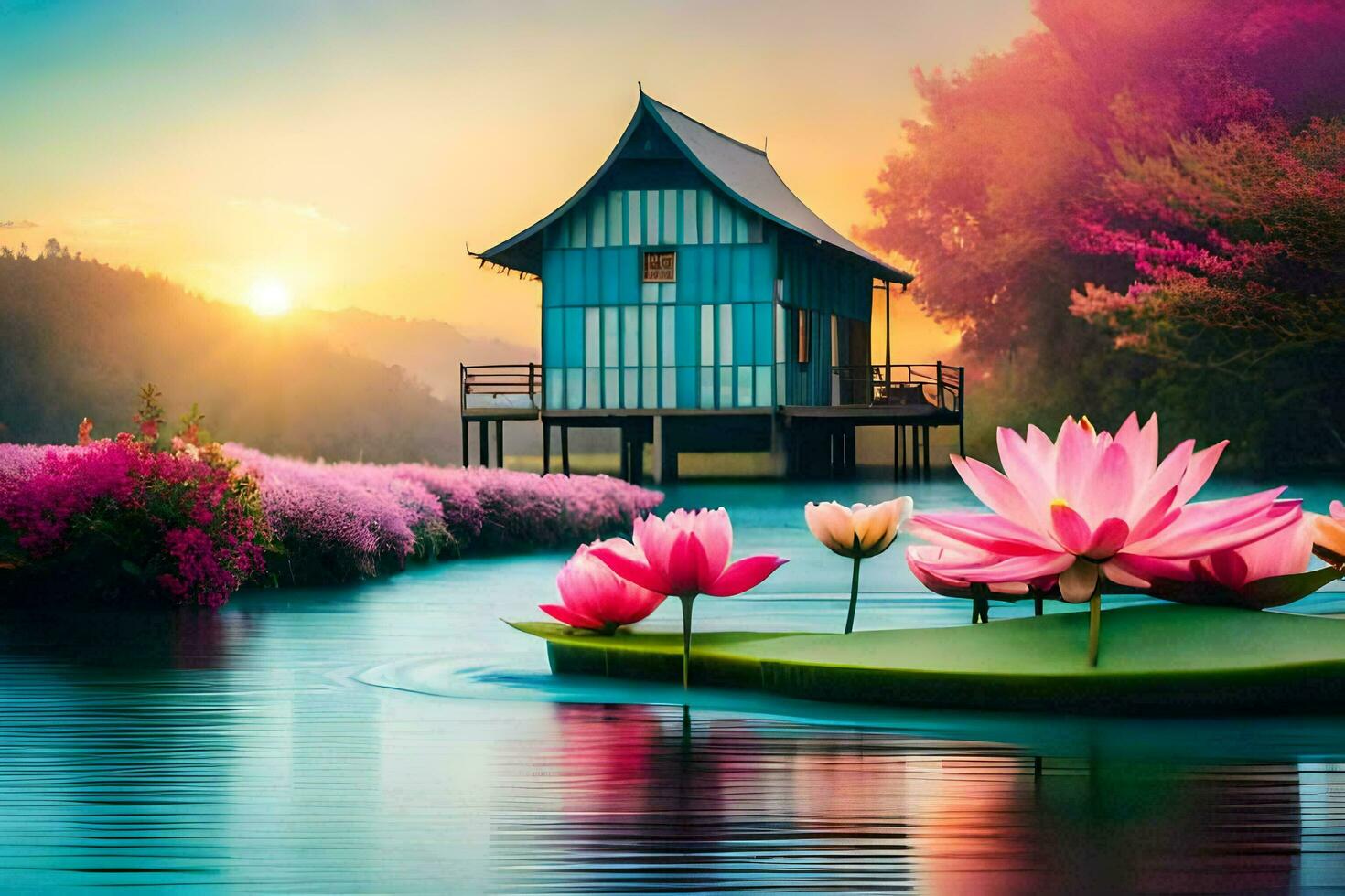 hermosa loto flores en el agua con un casa en el antecedentes. generado por ai foto