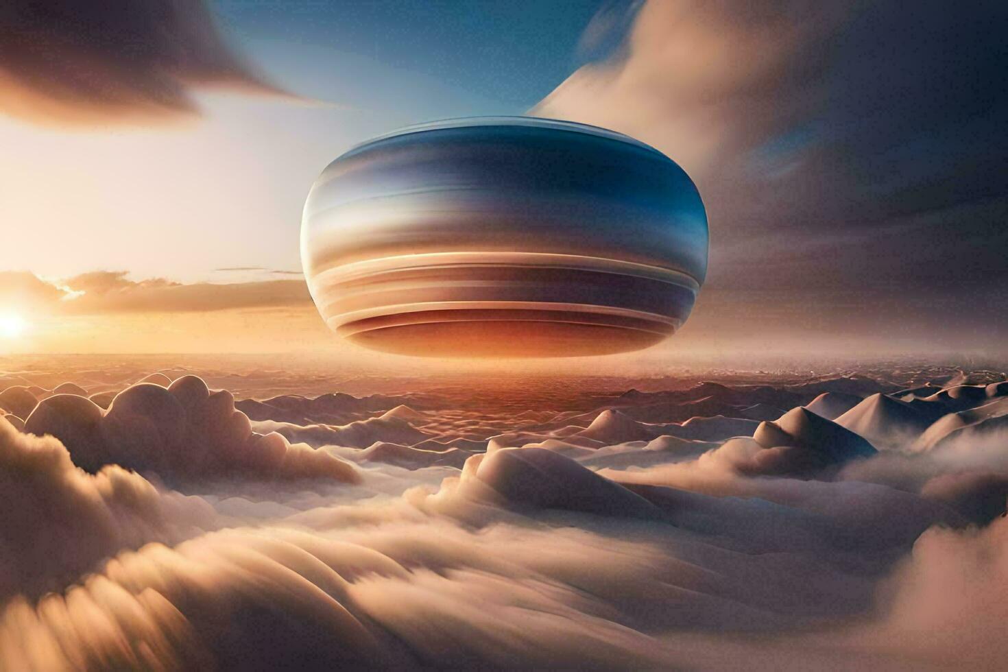 a large ball floating in the sky above clouds. AI-Generated photo