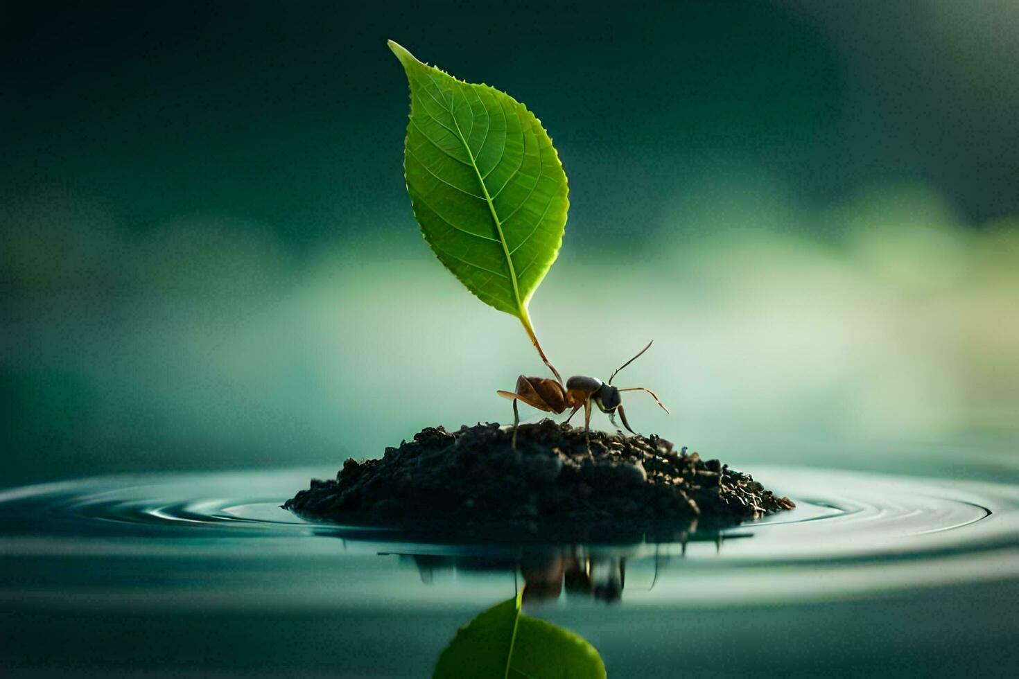 a small ant is standing on top of a plant in water. AI-Generated photo