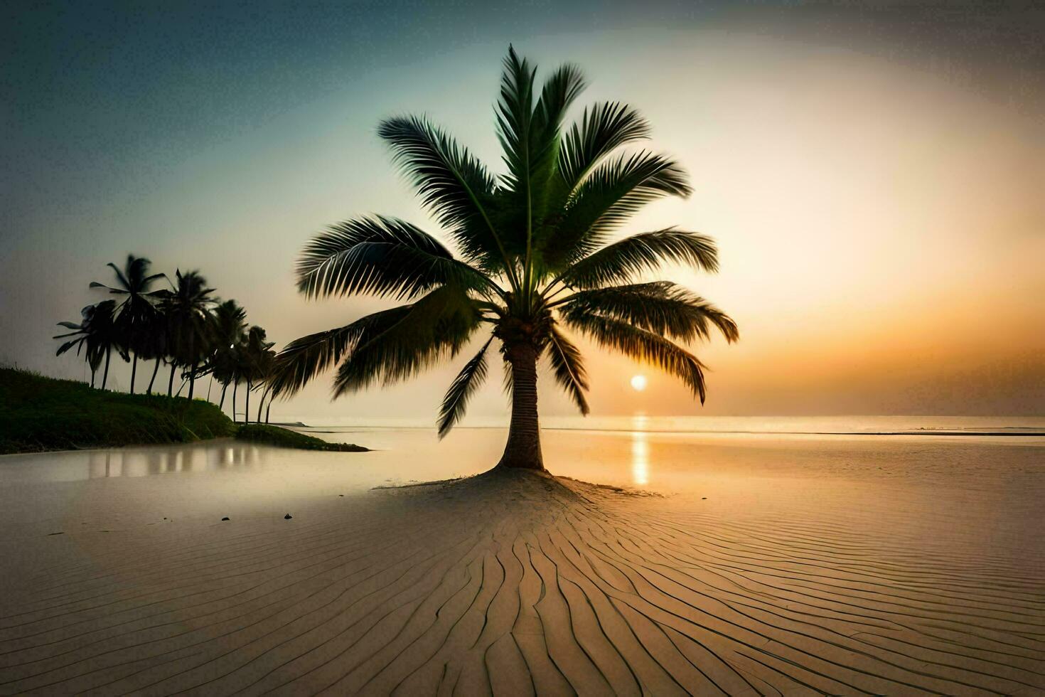 a palm tree stands on the beach at sunset. AI-Generated photo