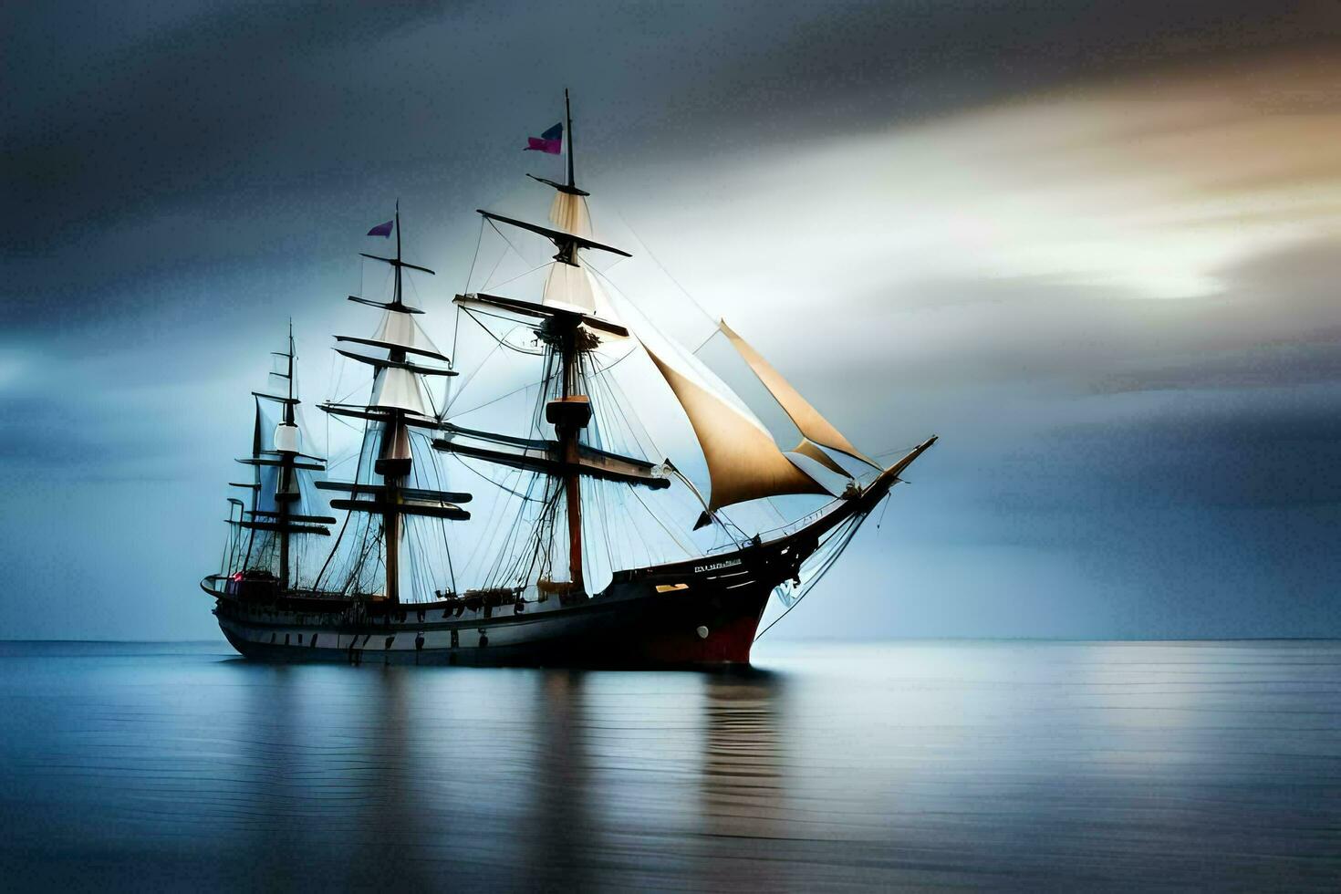 a tall ship sailing in the ocean under a dark sky. AI-Generated photo