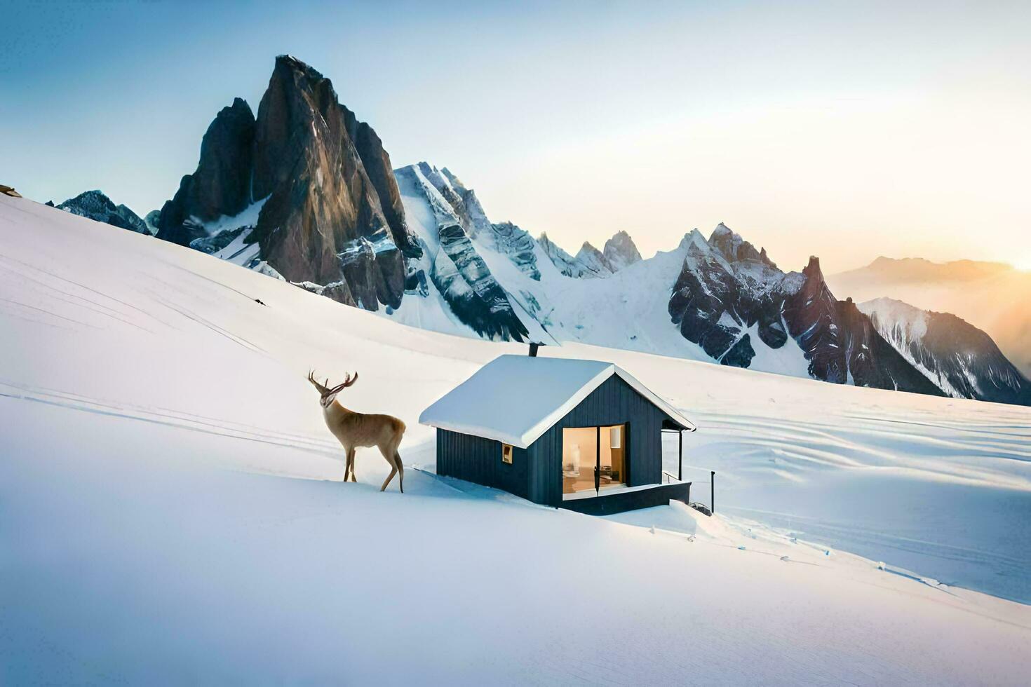 a deer stands in front of a cabin in the snow. AI-Generated photo