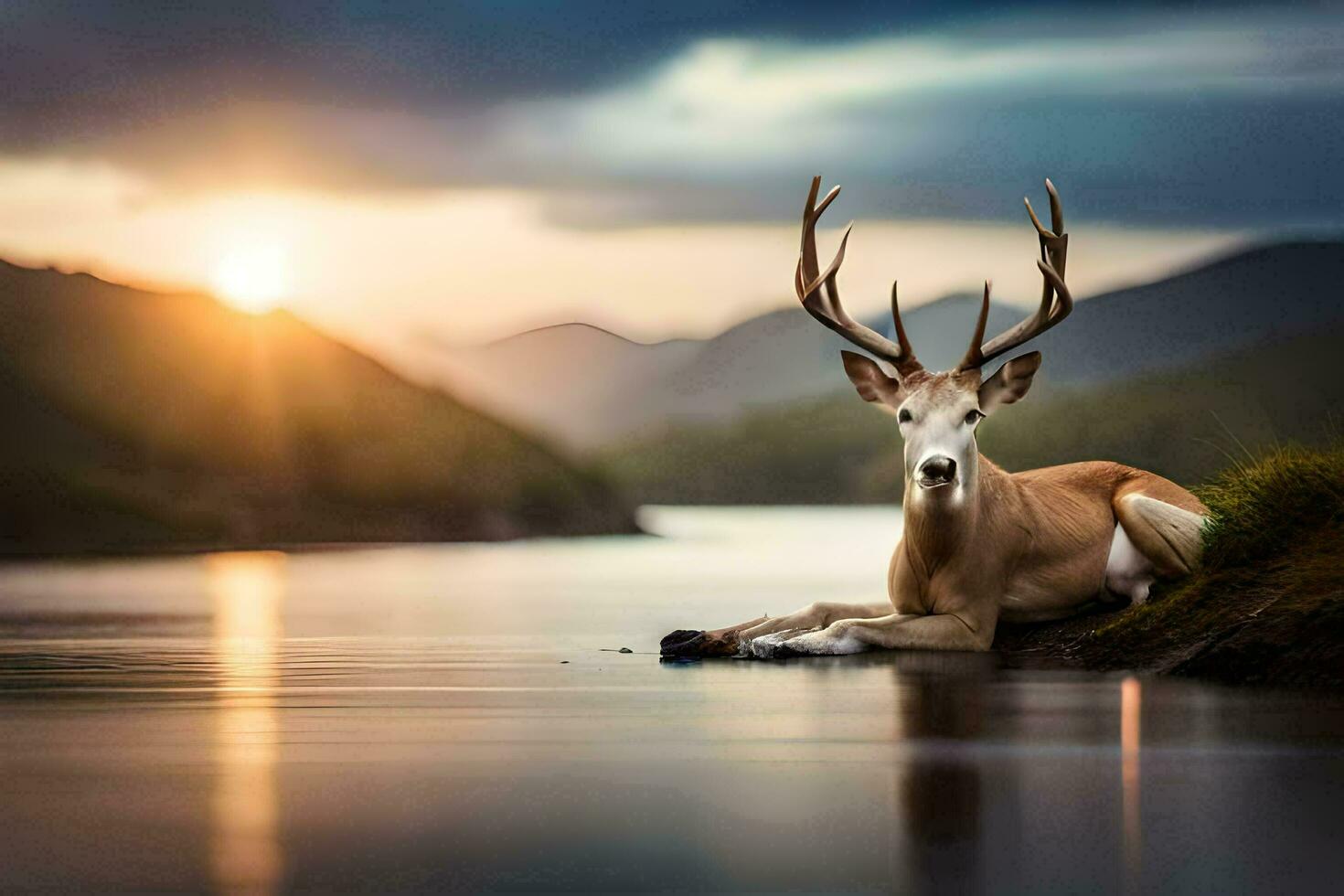 a deer is sitting on the shore of a lake at sunset. AI-Generated photo