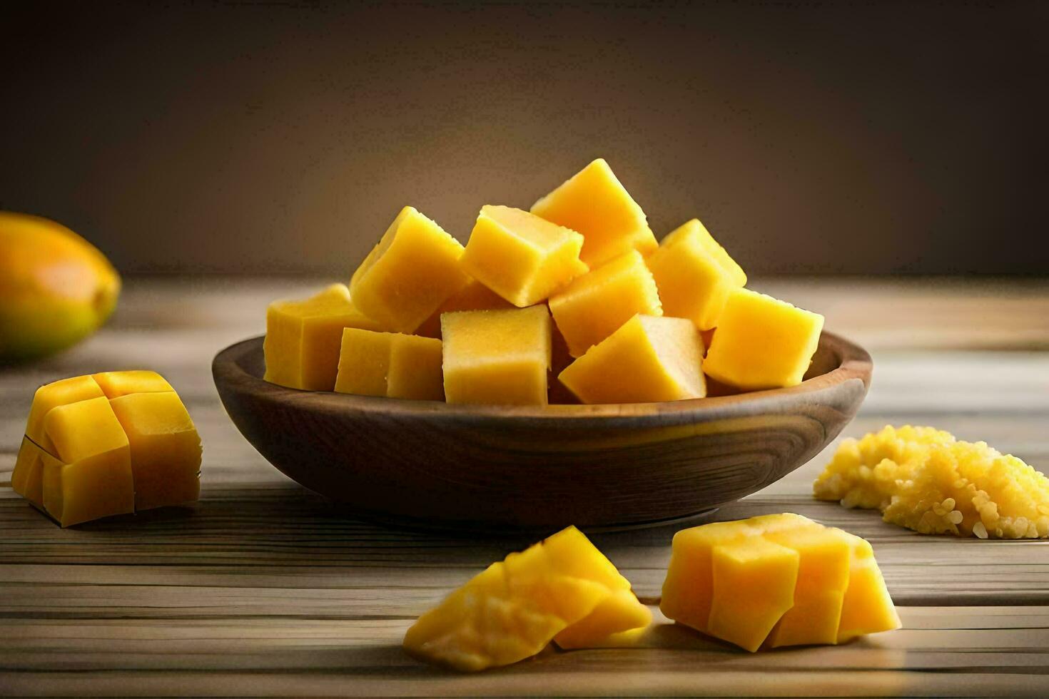 mango cubes in a bowl on a wooden table. AI-Generated photo