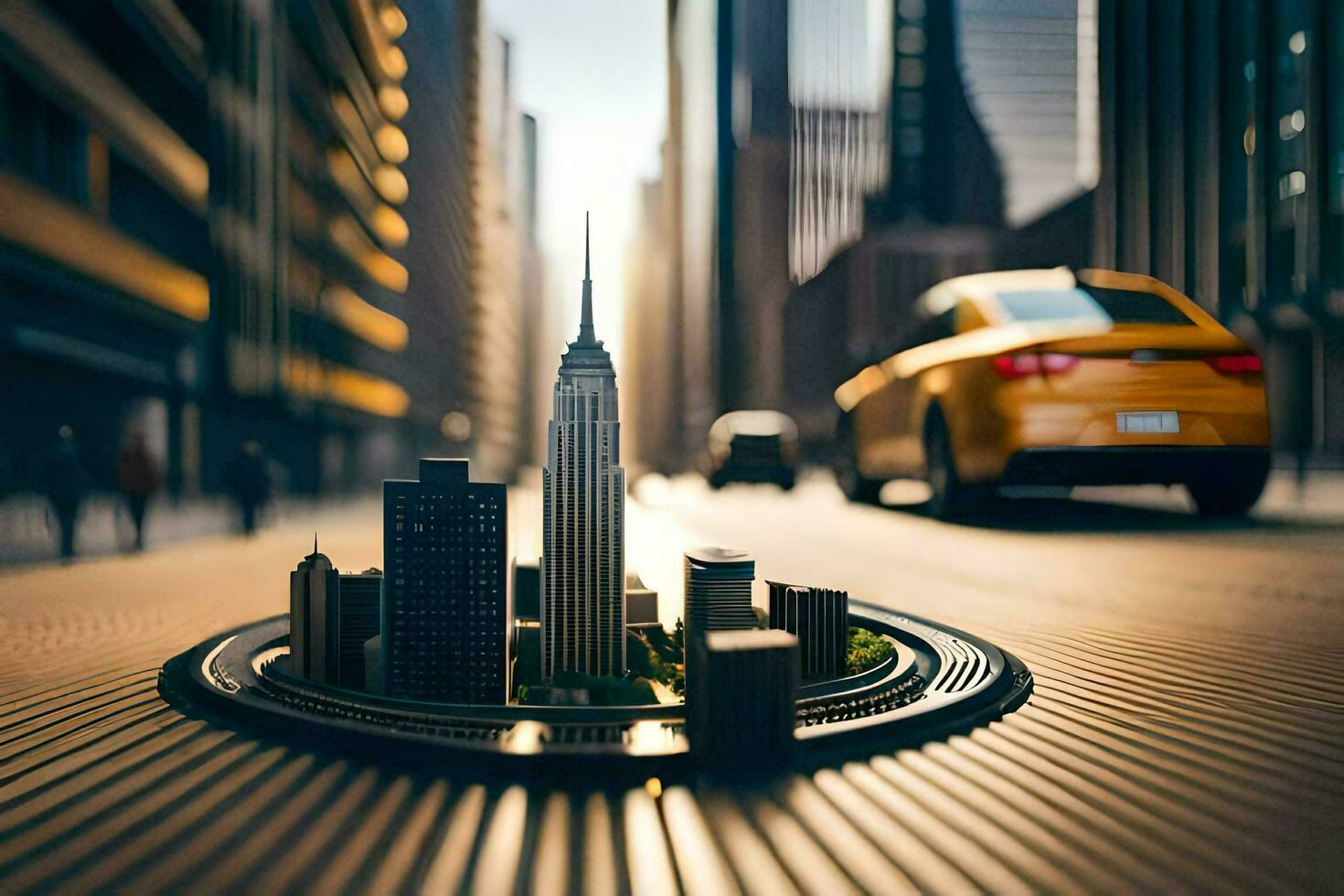 a miniature city with a car driving through it. AI-Generated photo