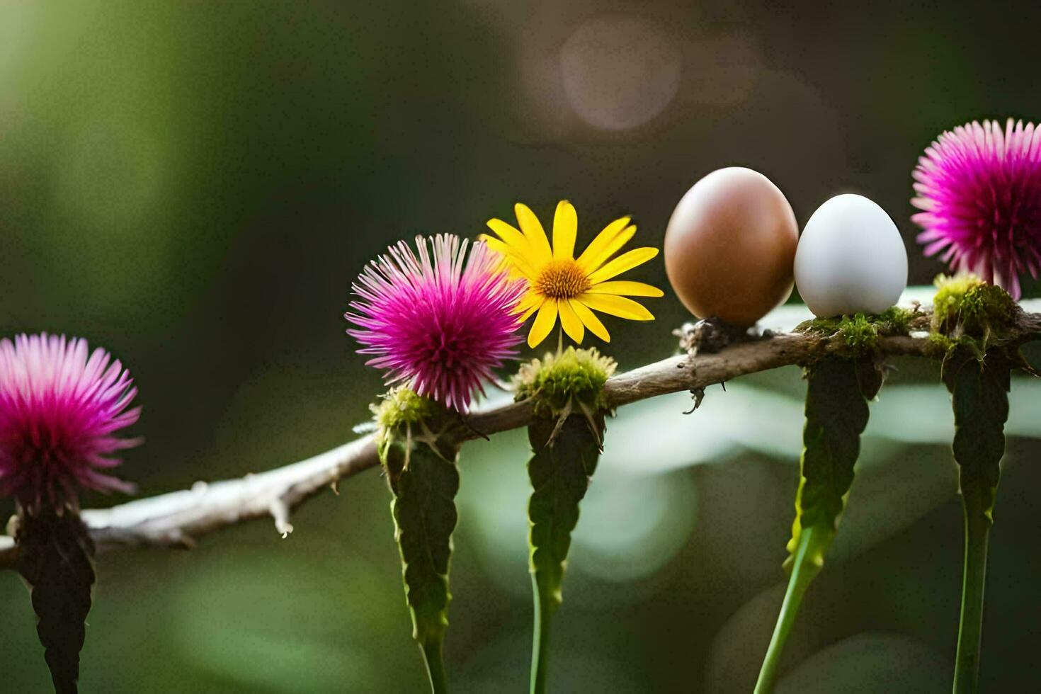 three eggs on a branch with thistle flowers. AI-Generated photo