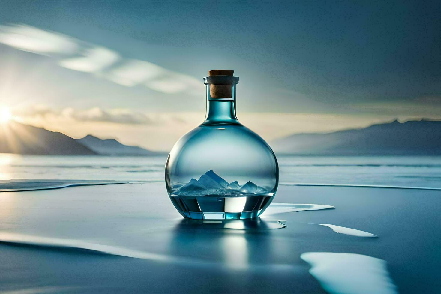 a bottle of water sitting on the ice with mountains in the background. AI-Generated photo