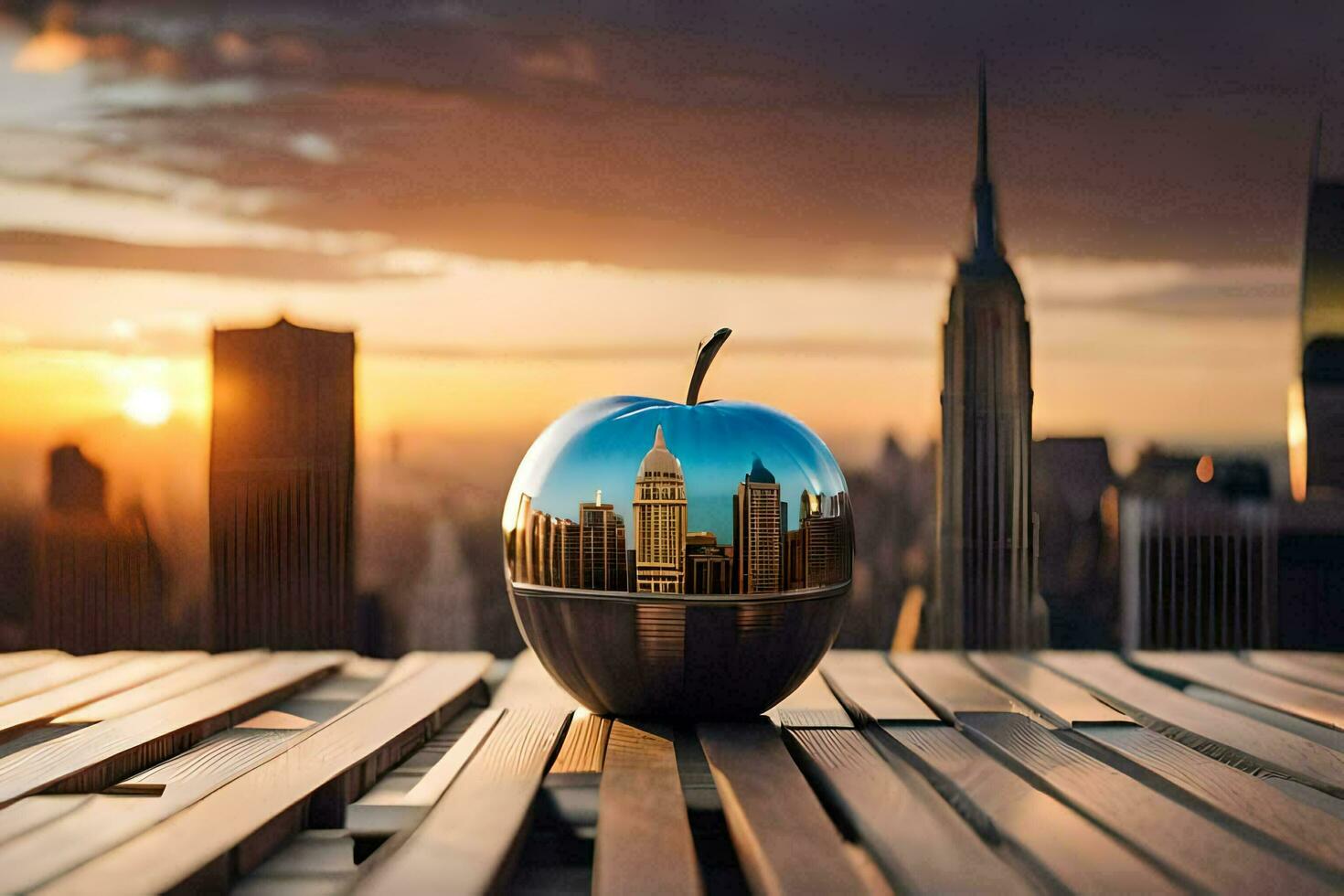 an apple on a table with a city skyline in the background. AI-Generated photo