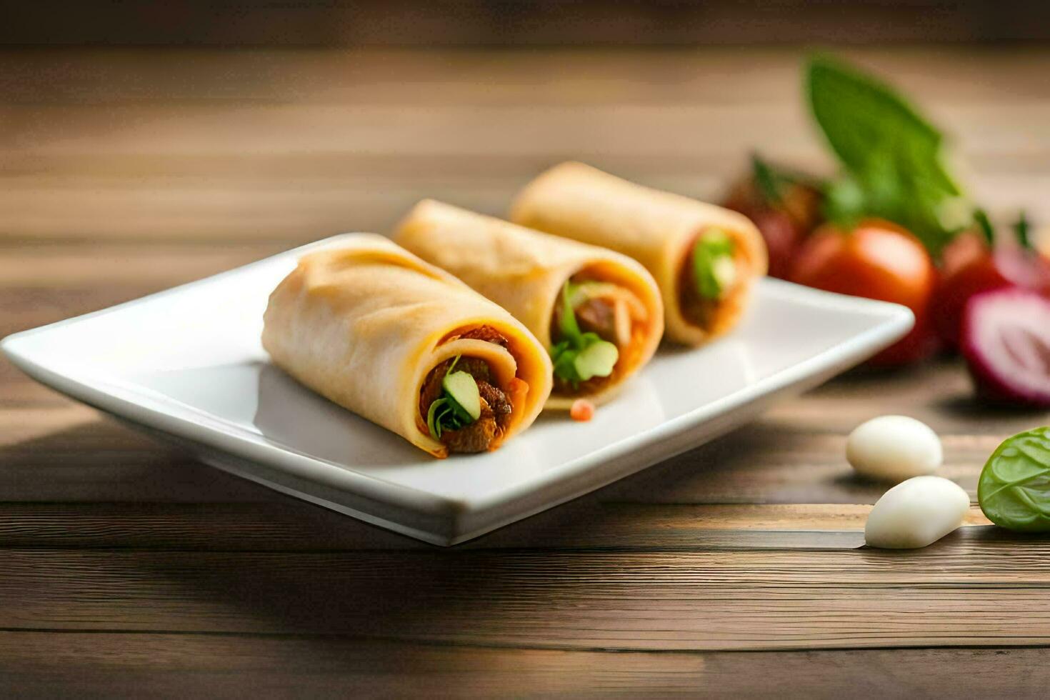 three rolls with vegetables on a white plate. AI-Generated photo