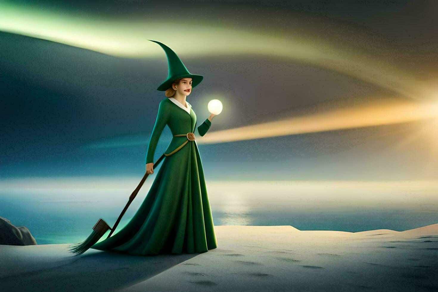 a woman in a green dress holding a broom and a ball of light. AI-Generated photo