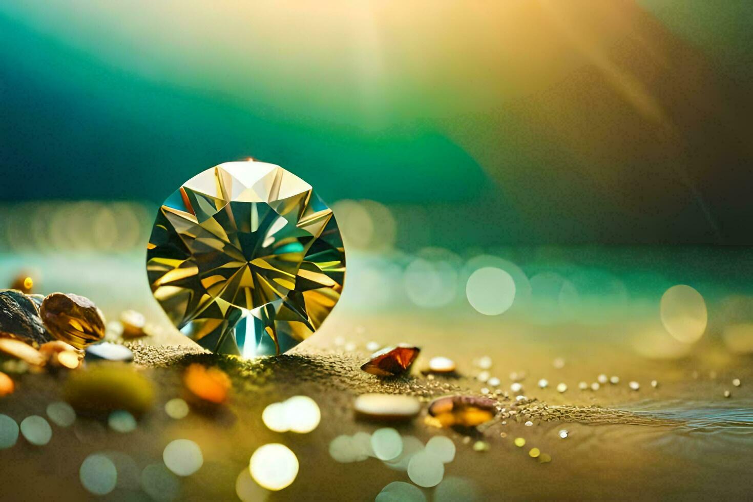 a diamond sitting on the sand with a bright light behind it. AI-Generated photo