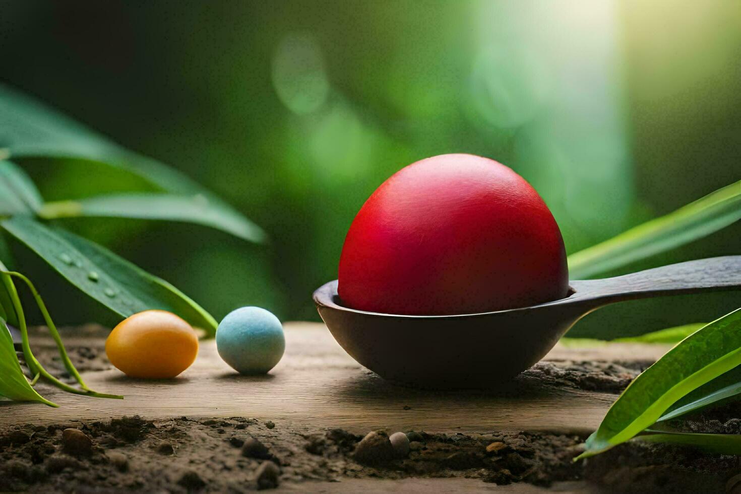 un Pascua de Resurrección huevo en un cuchara con un verde hoja. generado por ai foto