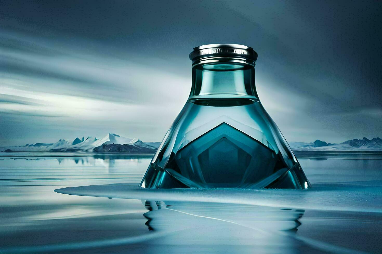 a bottle of whisky sitting on the ice. AI-Generated photo