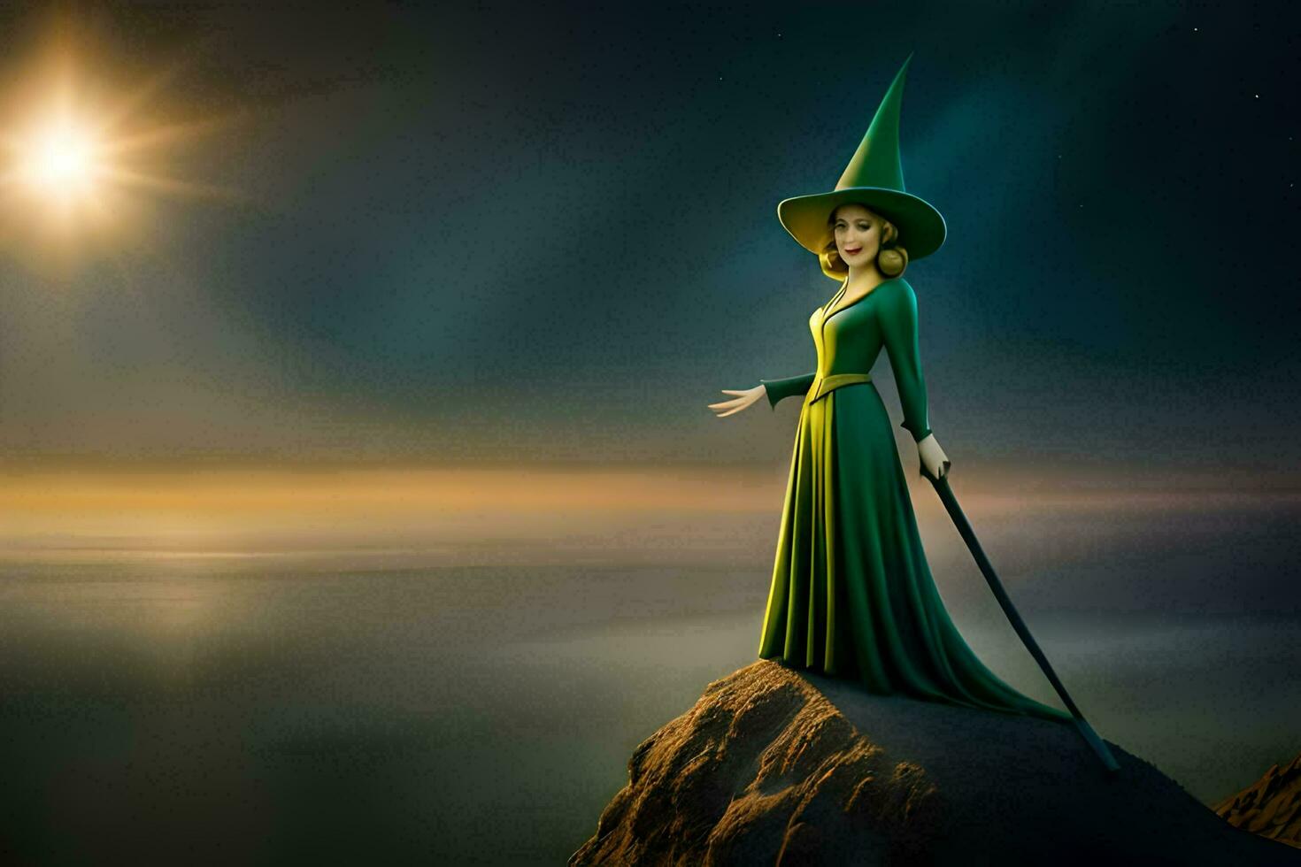 a woman in a green dress standing on a cliff with a staff. AI-Generated photo