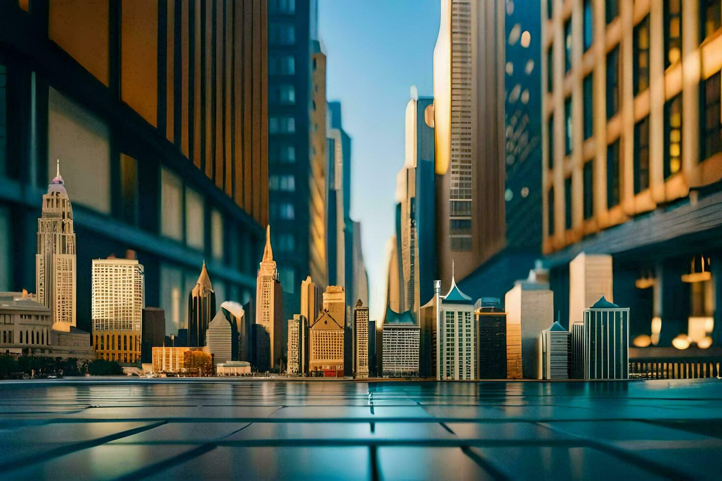 a cityscape with tall buildings and a street. AI-Generated photo