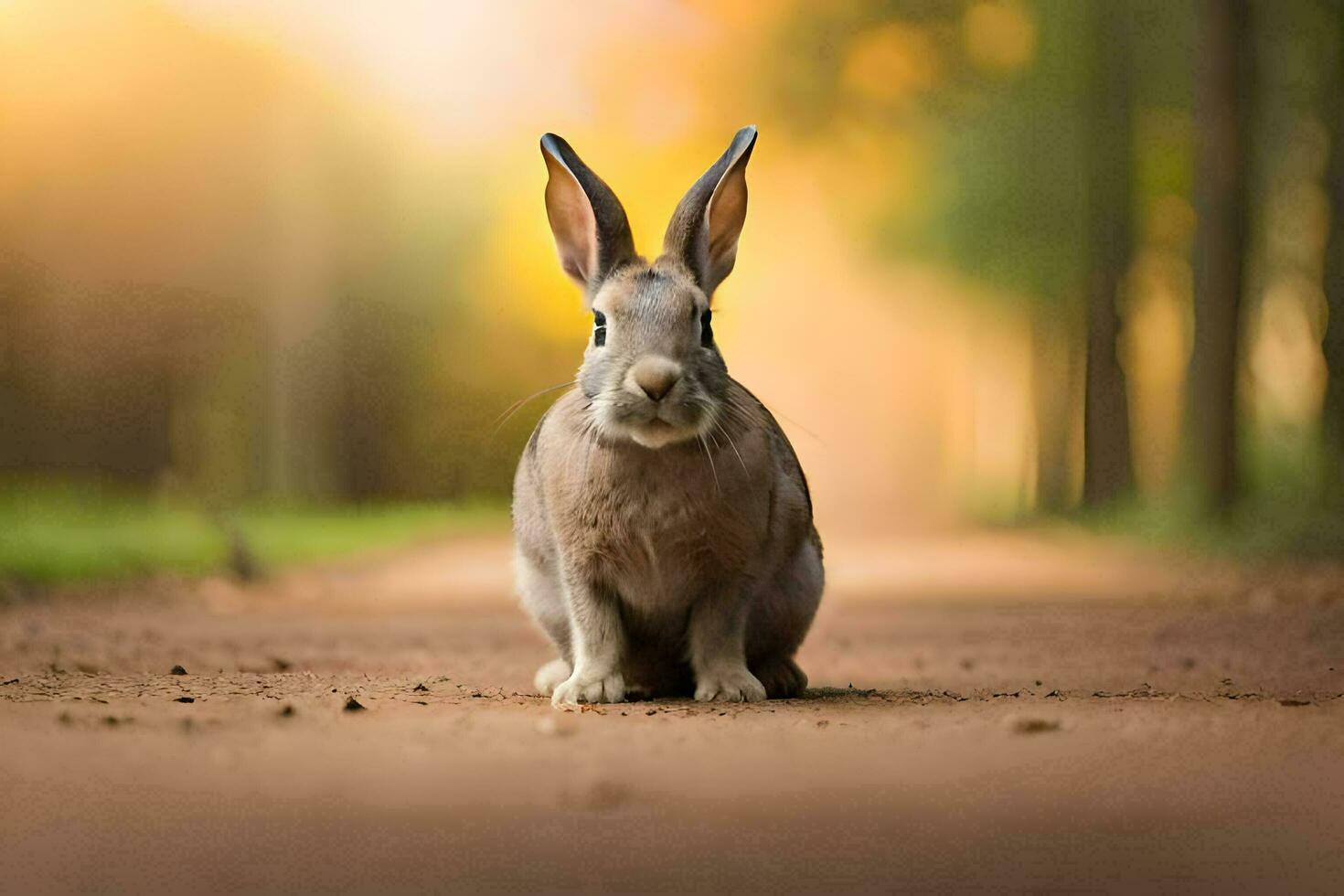 un Conejo sentado en el la carretera en el medio de un bosque. generado por ai foto