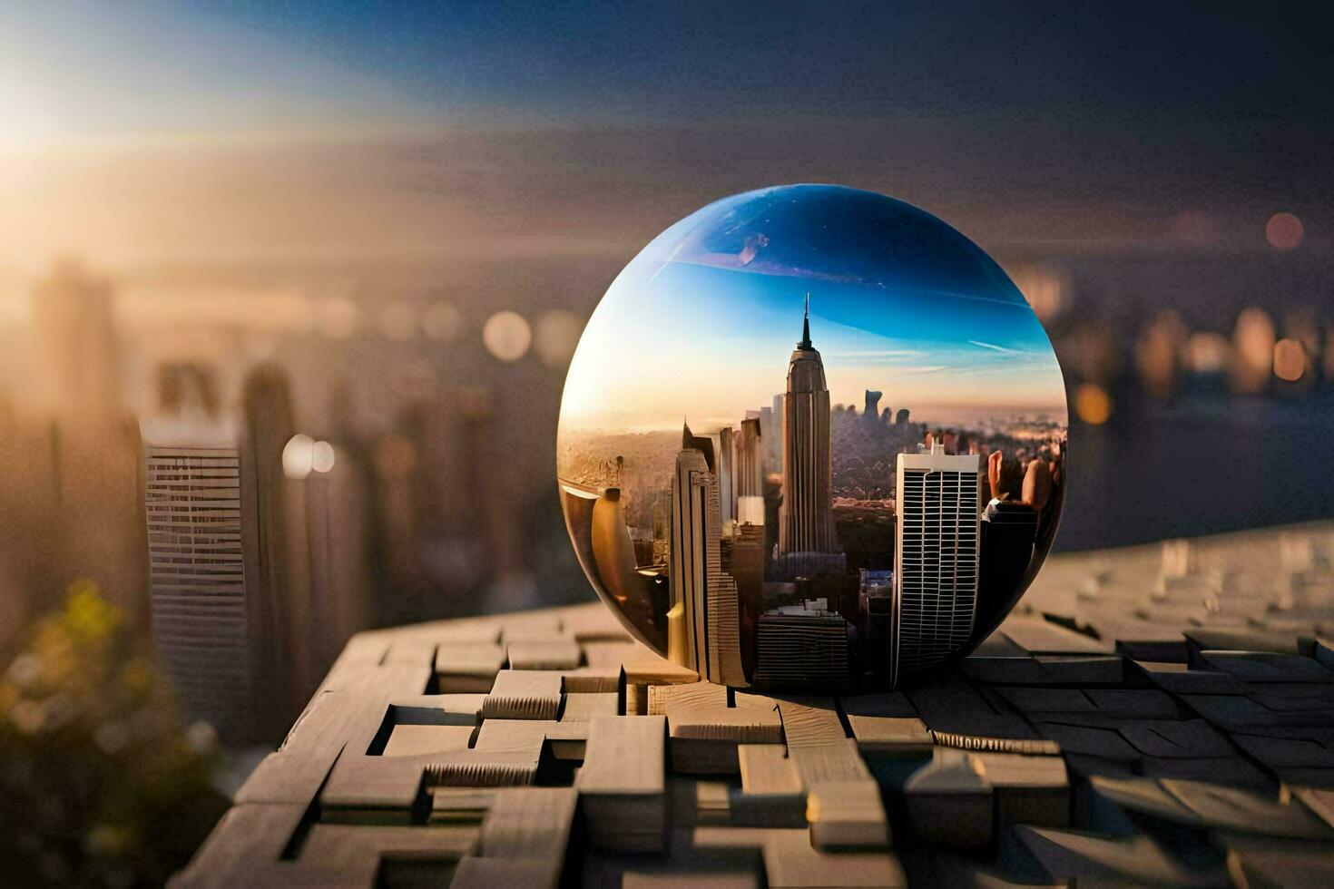 a ball with a city in it sitting on top of a table. AI-Generated photo