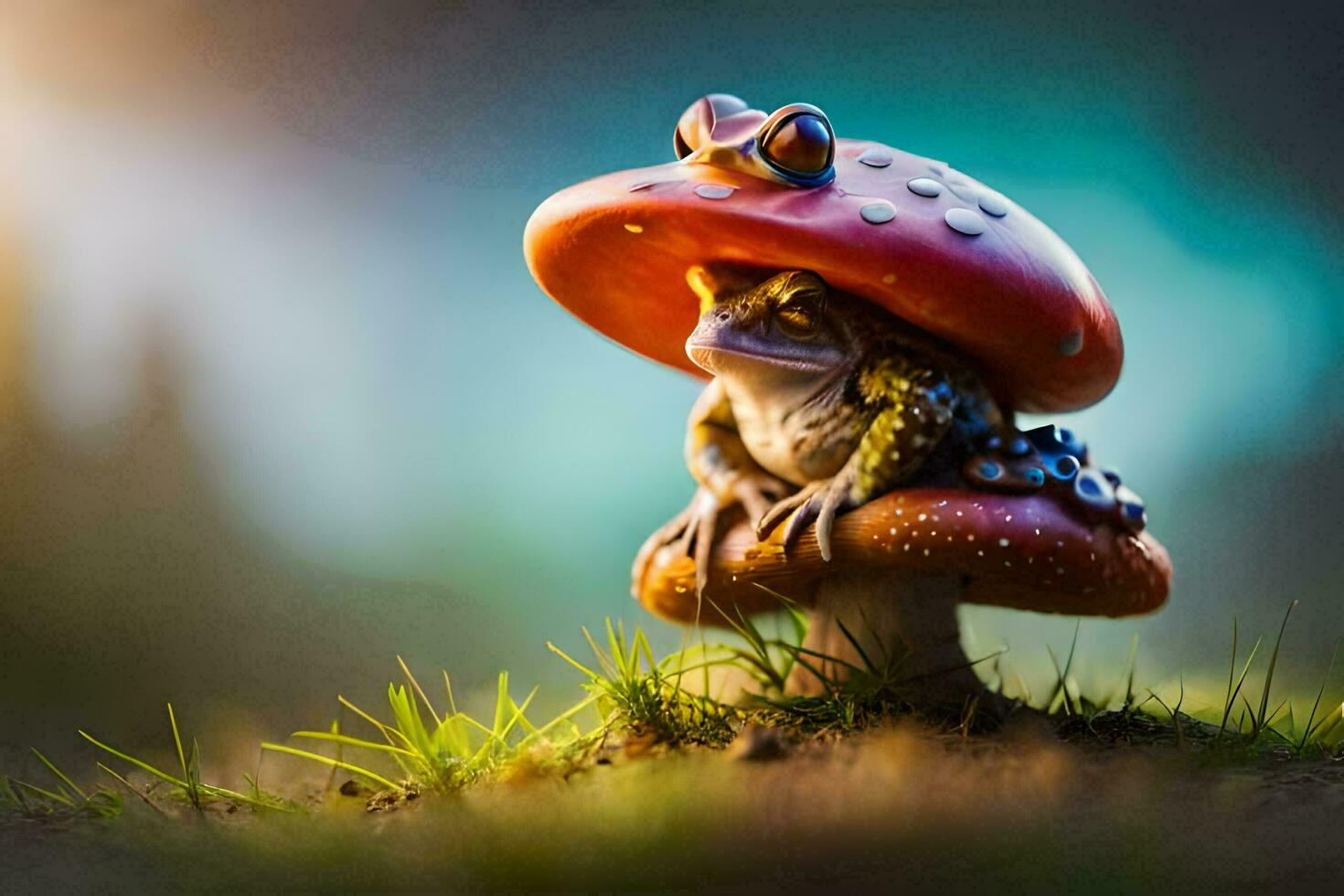 a frog sitting on top of a mushroom. AI-Generated photo