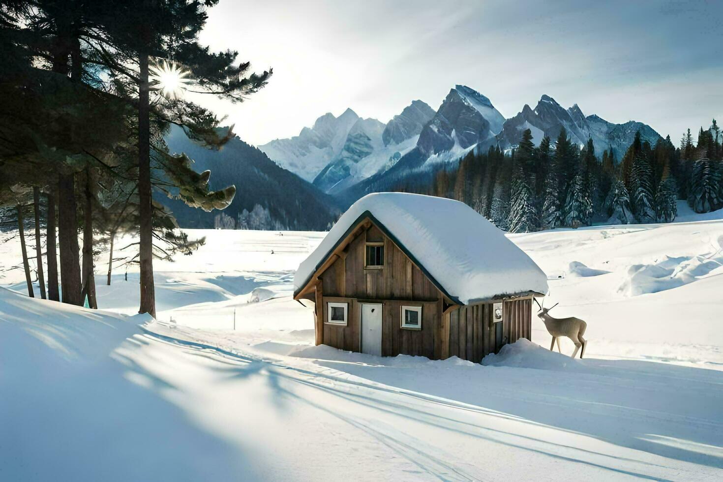 a small cabin in the snow with a horse. AI-Generated photo