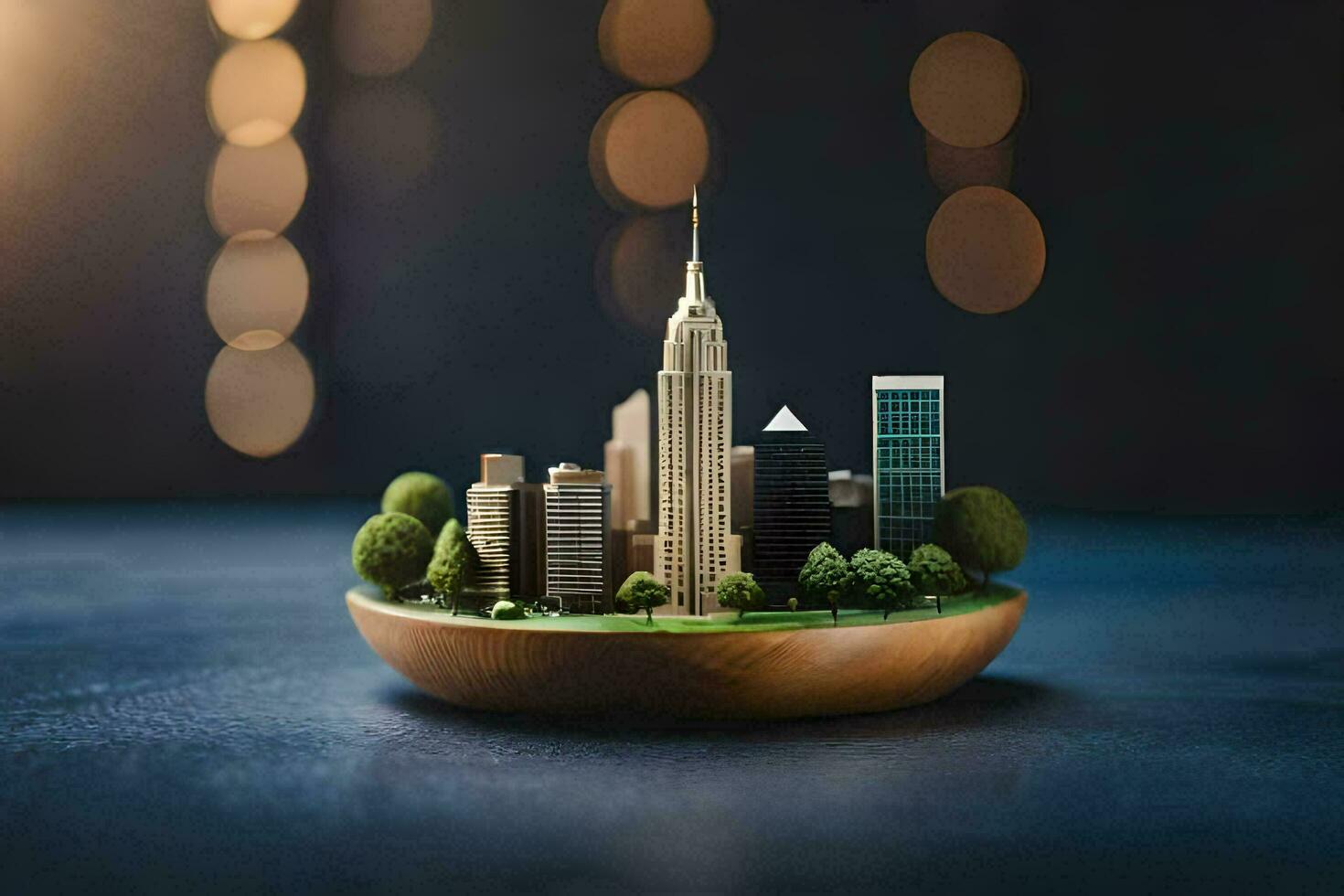 a miniature city in a bowl on a table. AI-Generated photo