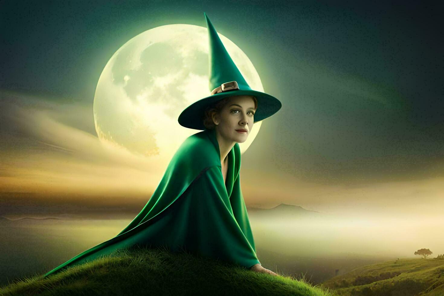 a woman in a green witch hat sits on a hill. AI-Generated photo