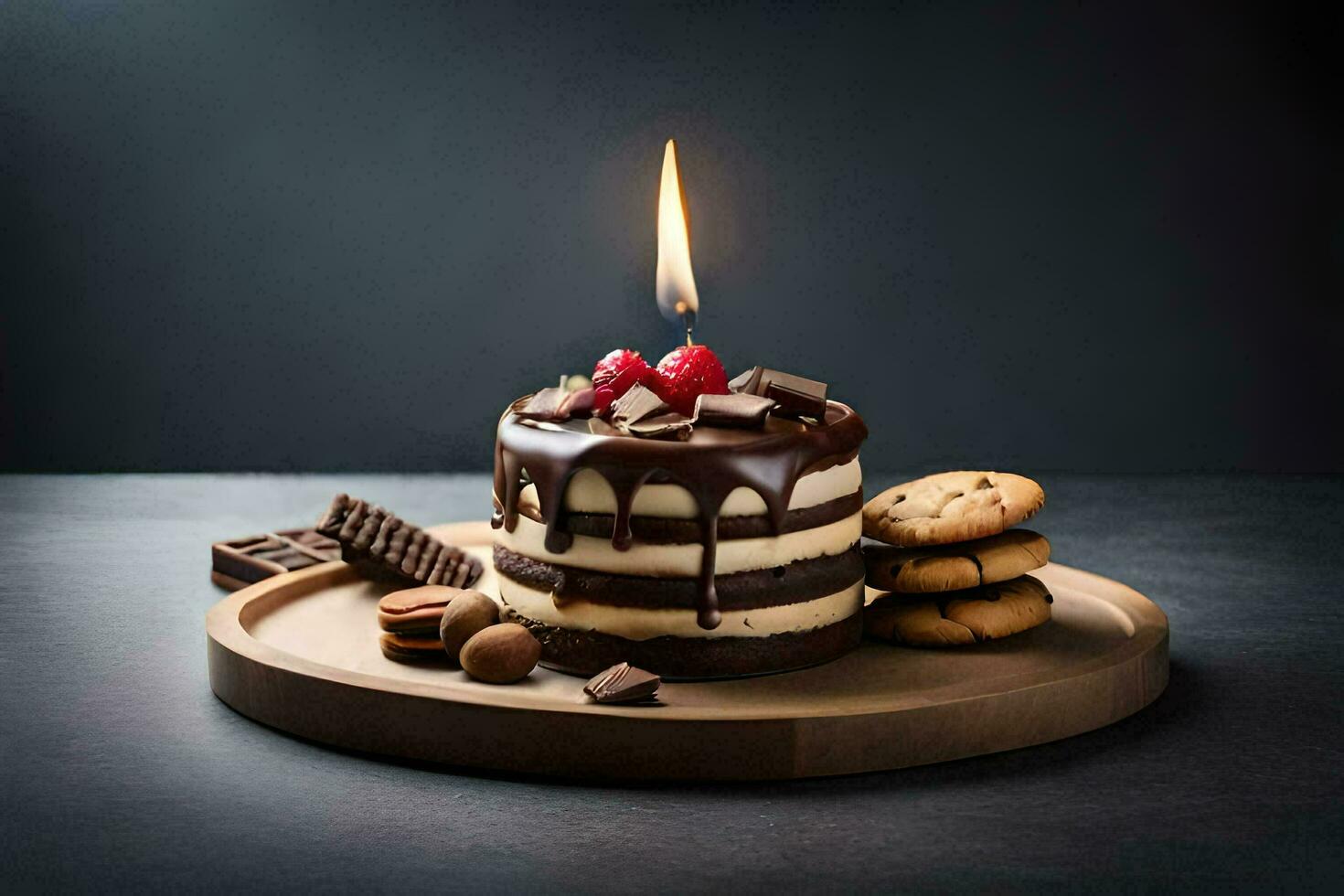 un chocolate pastel con un vela en cima. generado por ai foto