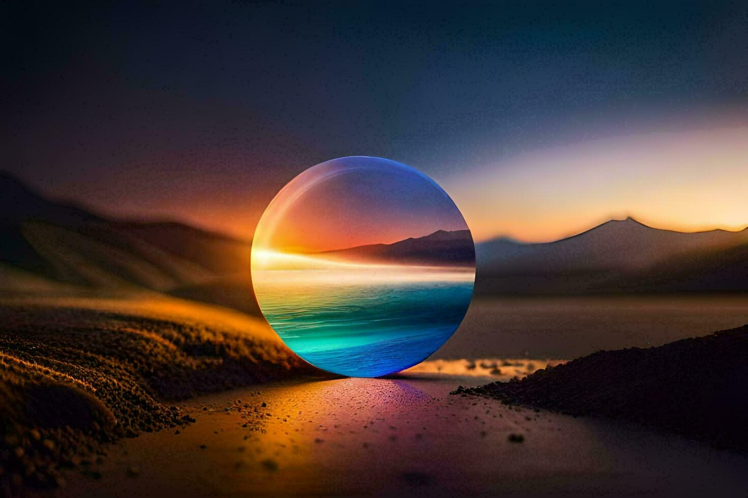 a colorful glass sphere with the ocean in the background. AI-Generated photo