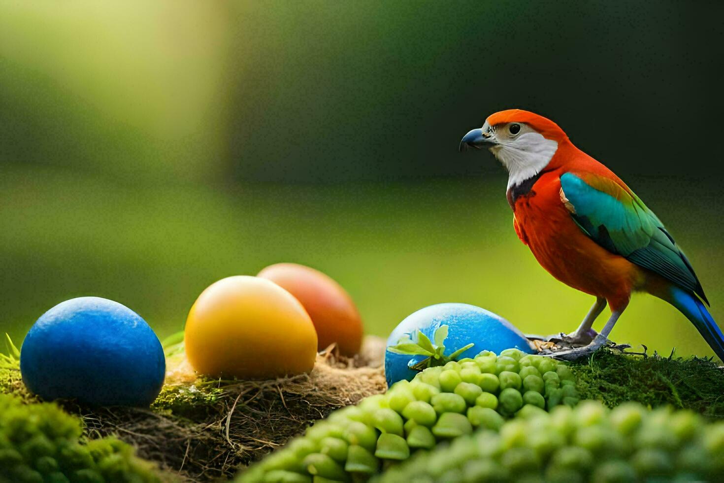 a colorful bird is standing on top of a nest of eggs. AI-Generated photo