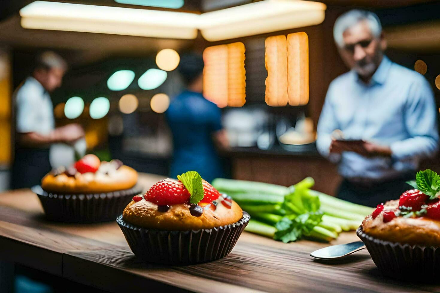 three cupcakes on a table with a man standing in the background. AI-Generated photo