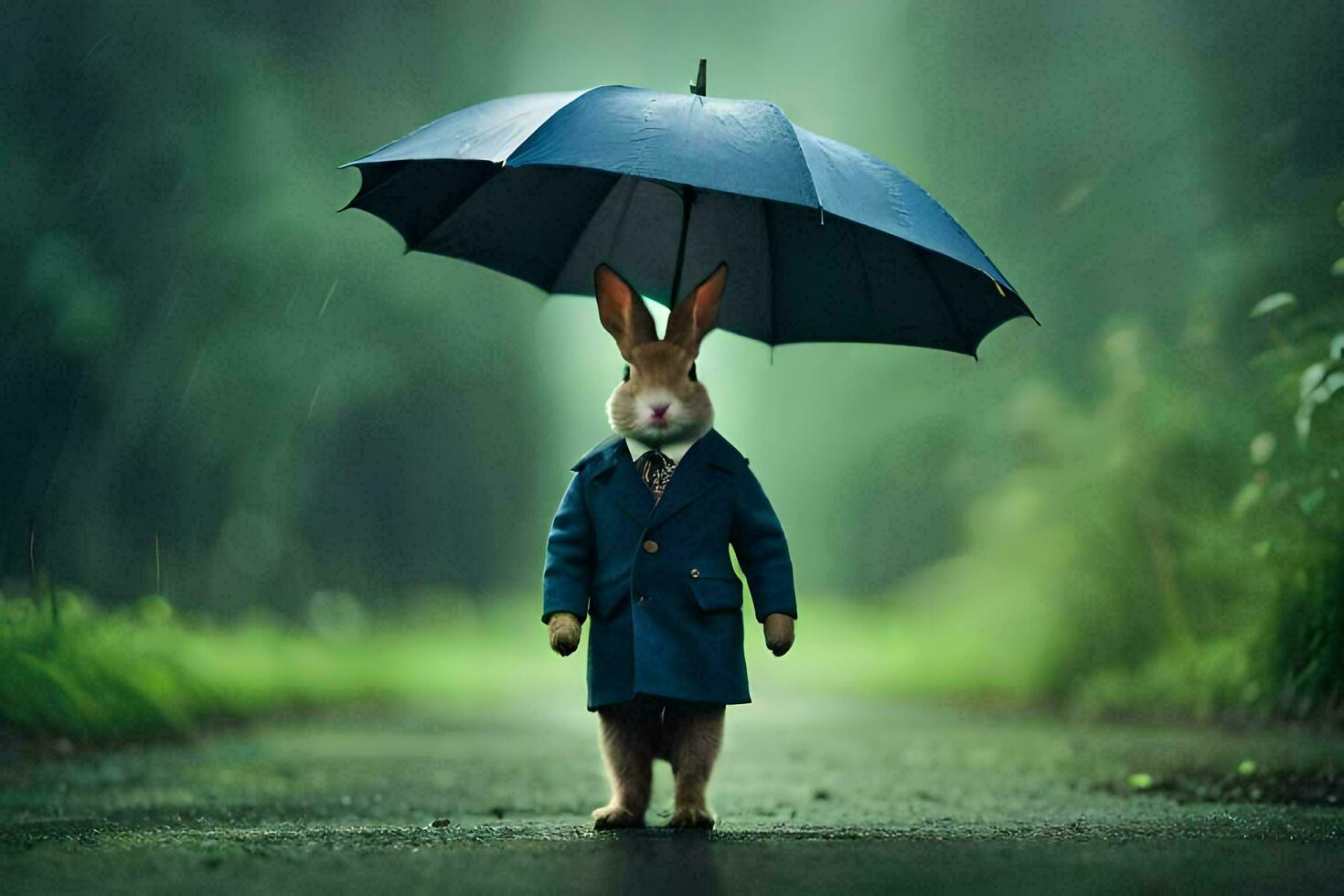 a rabbit in a suit and tie holding an umbrella. AI-Generated photo