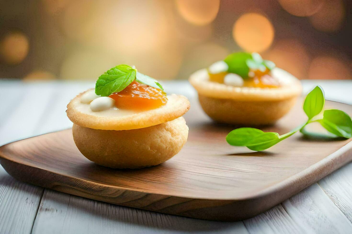 small pastry with cheese and herbs on a wooden tray. AI-Generated photo