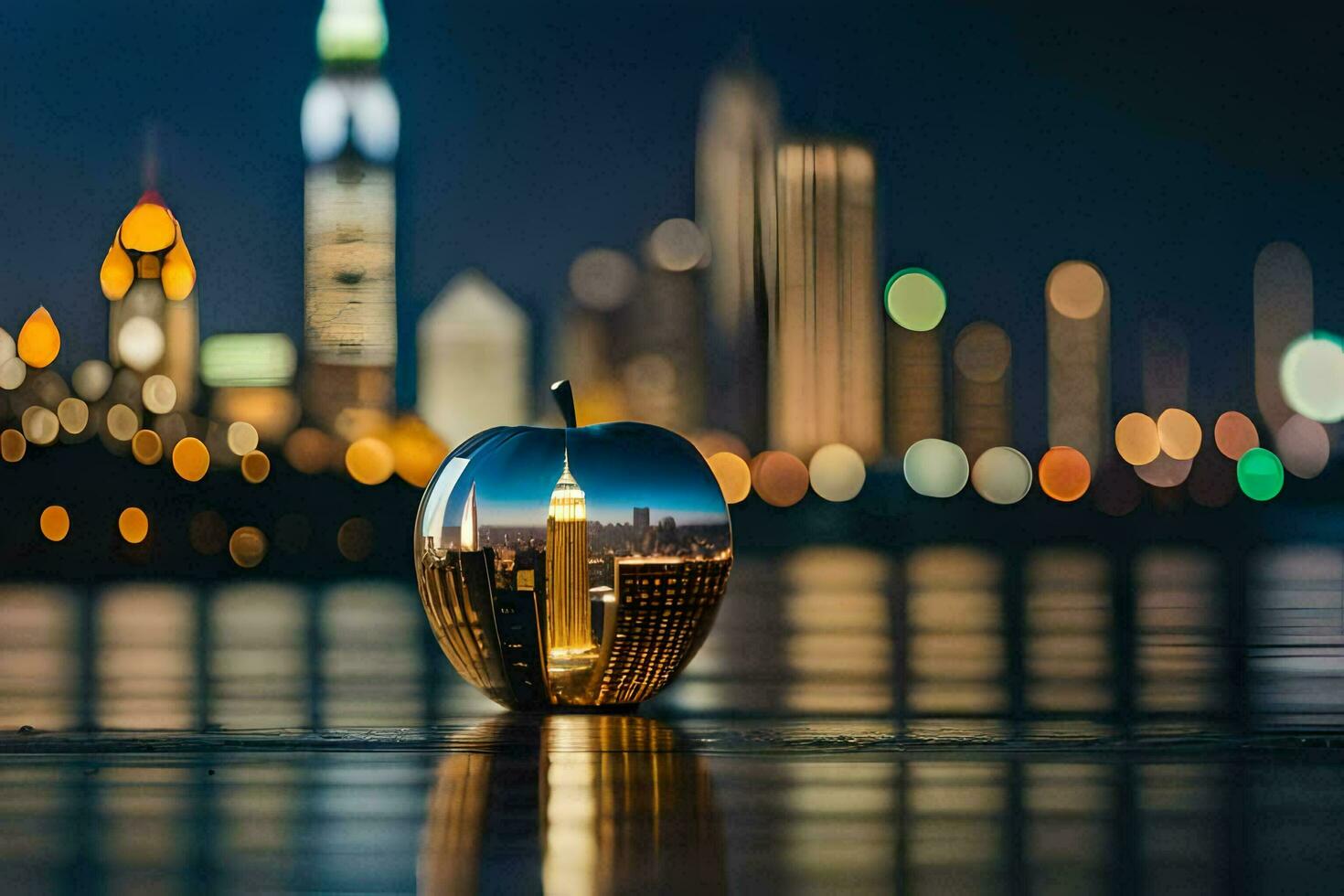 an apple with a city skyline in the reflection. AI-Generated photo