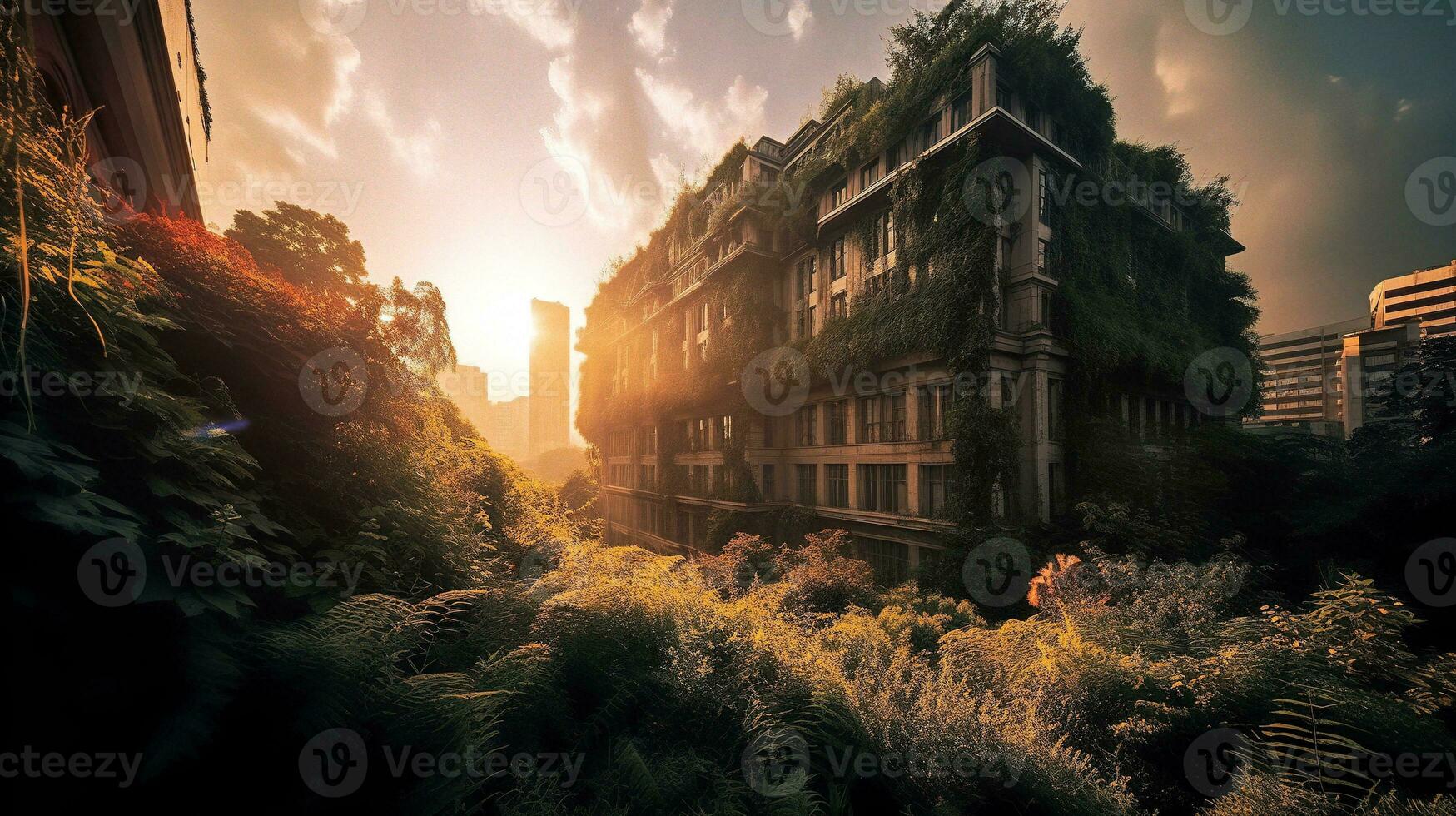 Skyscrapers and Lush Vegetation A Harmonious Blend of Nature and Urban Architecture   generative AI photo