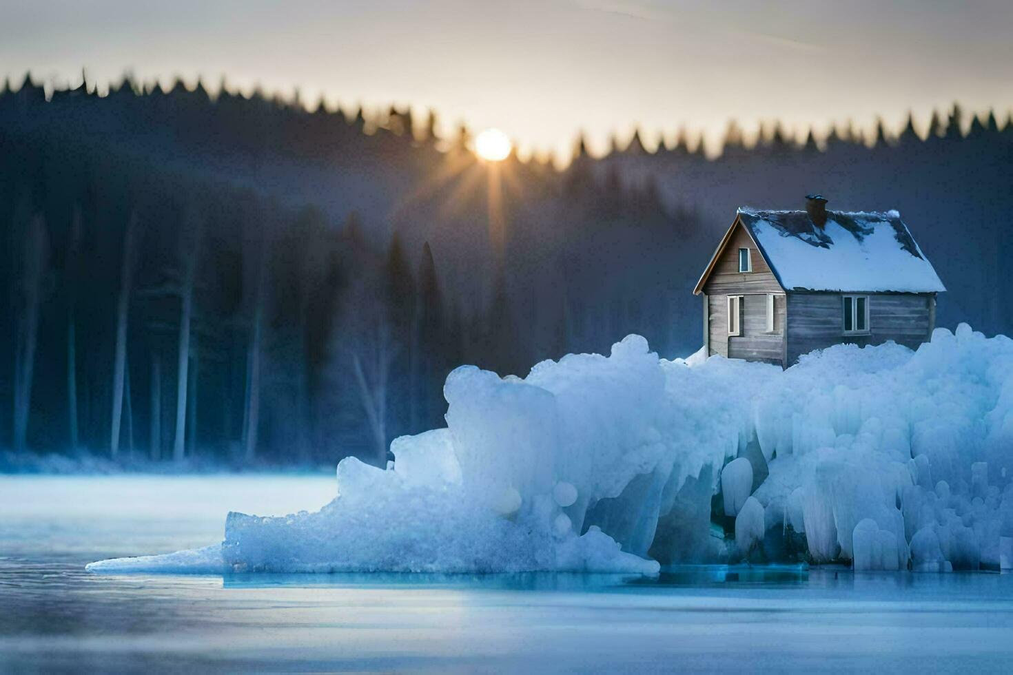 a small house sits on an iceberg in the middle of the water. AI-Generated photo