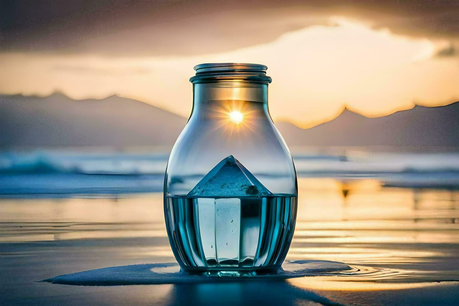 a bottle of water sitting on the beach with the sun setting behind it. AI-Generated photo