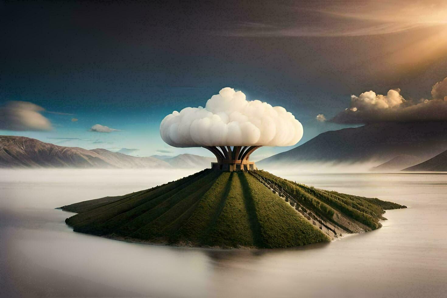 a cloud floating on top of an island. AI-Generated photo