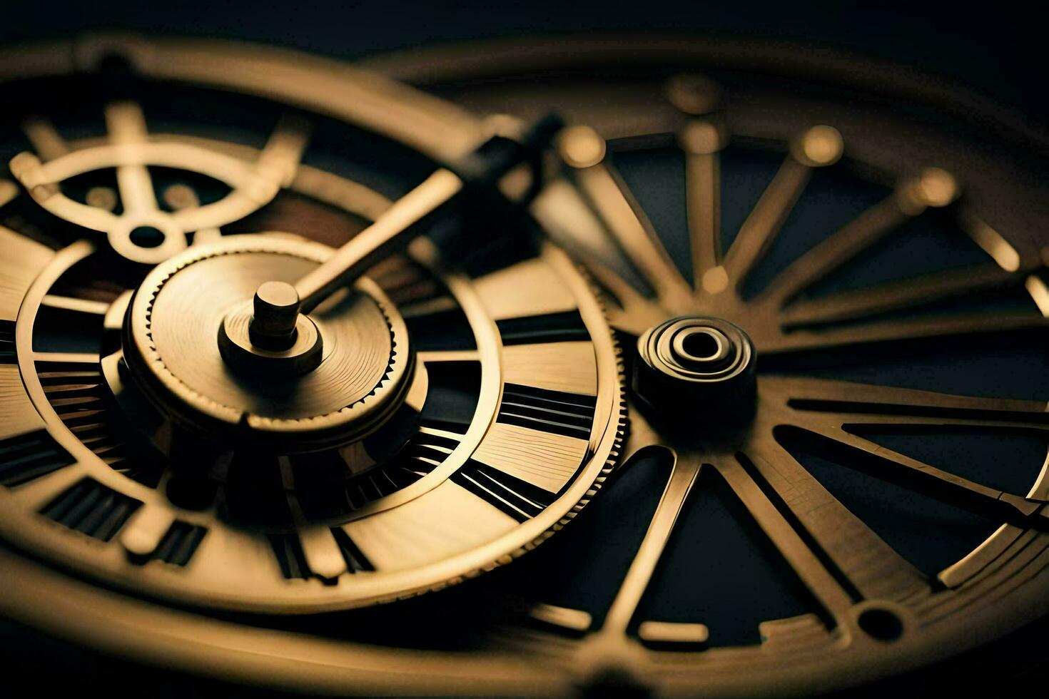 close up of a gold clock with roman numerals. AI-Generated photo