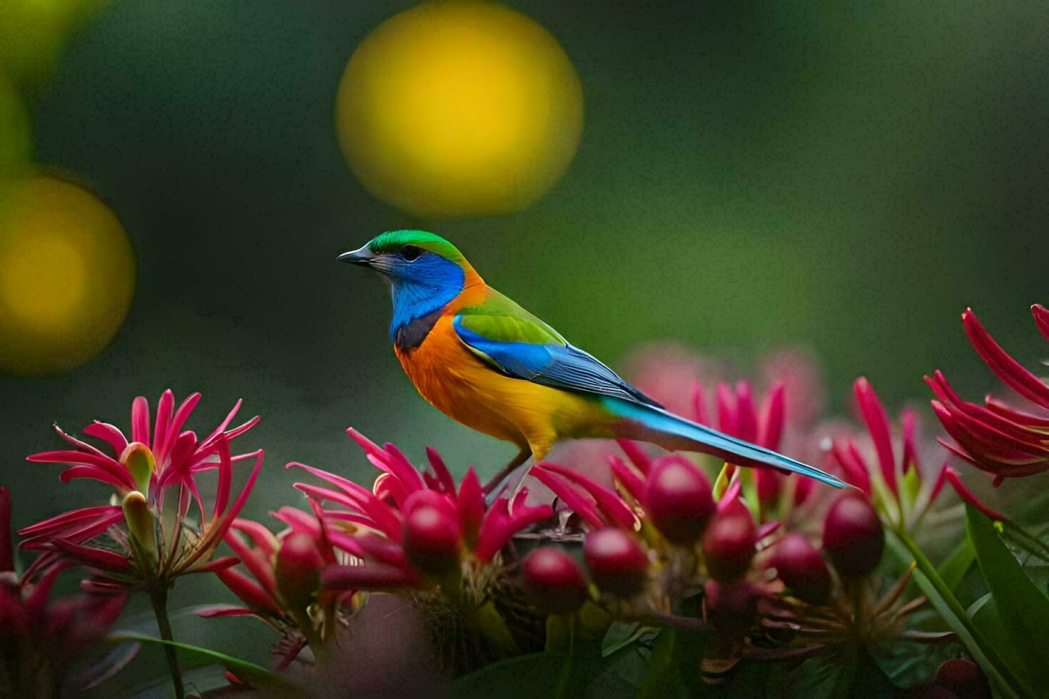 a colorful bird sits on top of some flowers. AI-Generated photo