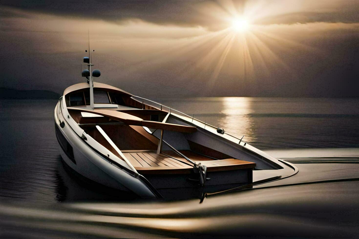 a boat is sitting in the water at sunset. AI-Generated photo