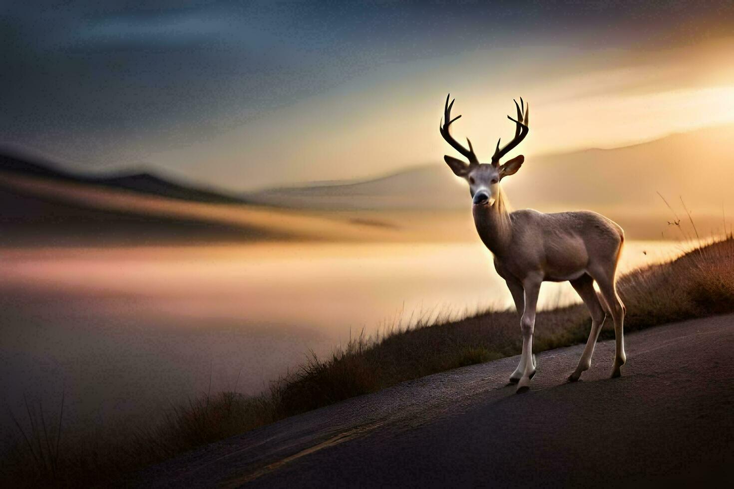 a deer stands on the edge of a mountain at sunset. AI-Generated photo